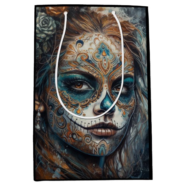 La Catrina Azul Dia de los Muertos Sugar Skull Medium Gift Bag (Front)