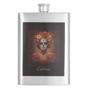 La Catrina Marigold Dia de los Muertos Sugar Skull Hip Flask
