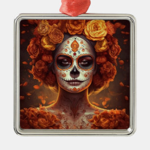 La Catrina Marigold Dia de los Muertos Sugar Skull Metal Tree Decoration