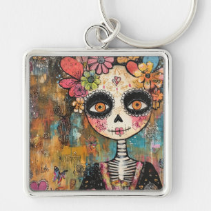 La Catrina Skeleton With Flower Crown Key Ring