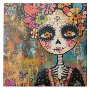 La Catrina Skeleton With Flower Crown Tile