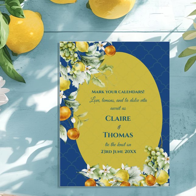 La Dolce Vita Blue Lemon Mediterranean Wedding Announcement Postcard (La Dolce Vita Blue Lemon Mediterranean Wedding Announcement Postcard)