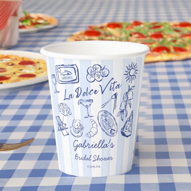 La dolce vita blue stripes Italian bridal shower Paper Cups (La dolce vita blue stripes hand drawn Italian bridal shower personalized Paper Cups)