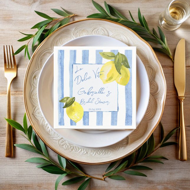 La Dolce Vita blue stripes lemons bridal shower Napkin (La Dolce Vita handrawn blue stripes lemons retro Italian bridal shower monogrammed printed Napkins)