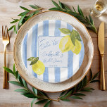 La Dolce Vita blue stripes lemons bridal shower Paper Plate<br><div class="desc">La Dolce Vita Handrawn blue stripes lemons Italian modern funky beach bridal shower monogrammed paper plates, vintage retro stripped bridal shower personalised paper plates, blue stripes and lemons bridal shower printed paper plates, Italian bridal shower paper plates, lemon bridal shower custom paper plates, funky handrawn bridal shower personalised paper plates,...</div>
