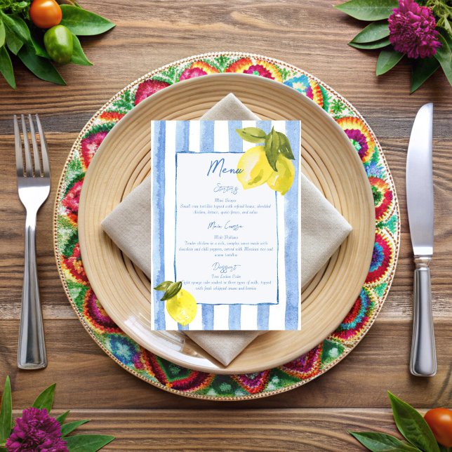 La Dolce Vita blue stripes lemons menu cards (La Dolce Vita blue stripes lemons menu cards Italian retro stripes personalized menu cards template)