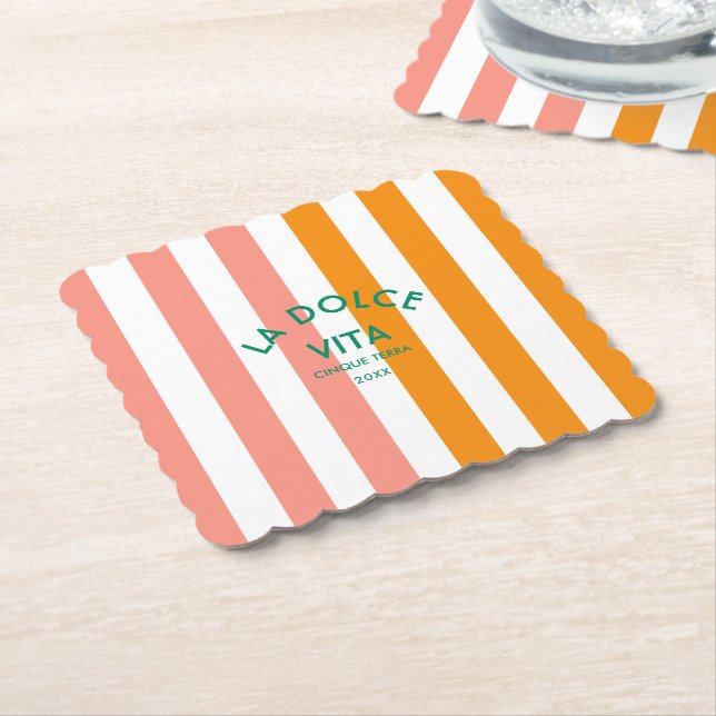La Dolce Vita Cinque Terra Cabana Stripe Round Paper Coaster (Angled)