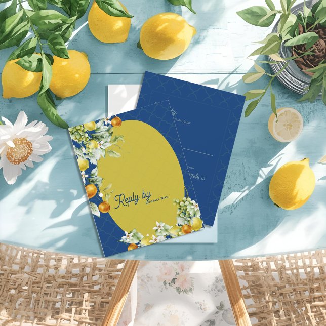 La Dolce Vita Citrus Luxe Blue Gold Wedding Reply RSVP Card (La Dolce Vita Citrus Luxe Blue Gold Wedding Reply RSVP Card)