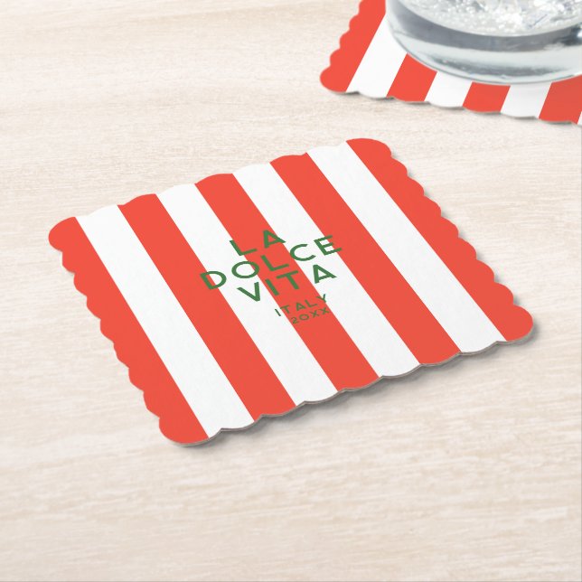 La Dolce Vita Italy Red Cabana Stripes Paper Coaster (Angled)