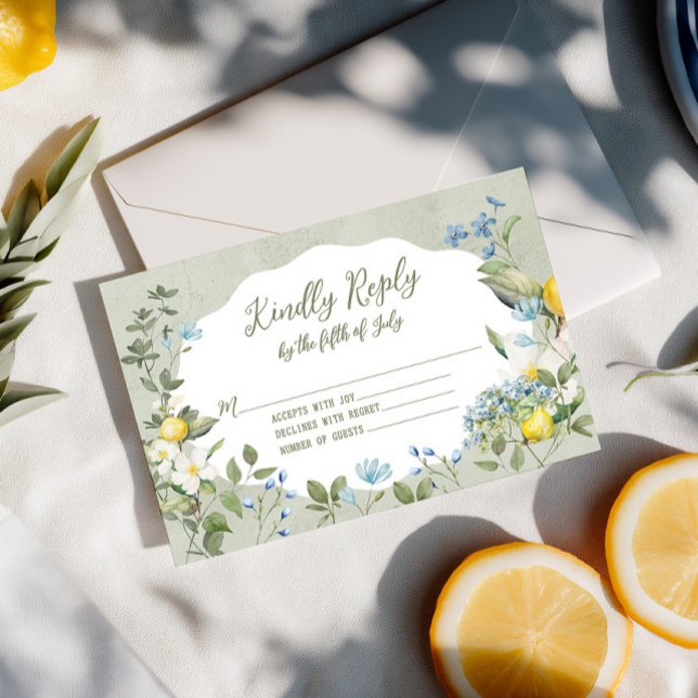 La Dolce Vita Lemon Floral Response Card (Coordinate your Italian-inspired celebration with this watercolor lemon and blue floral RSVP card. )