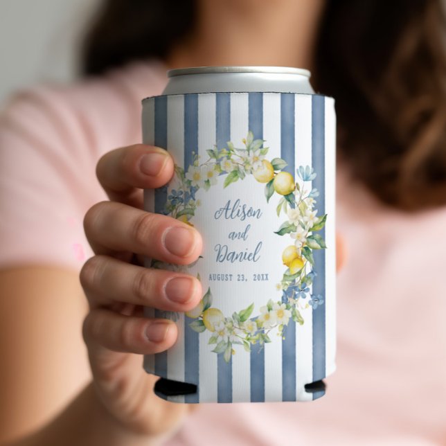 La Dolce Vita Lemon Floral Wedding Can Cooler (These wedding can coolers keep your guests' drinks chilled while celebrating in style.)
