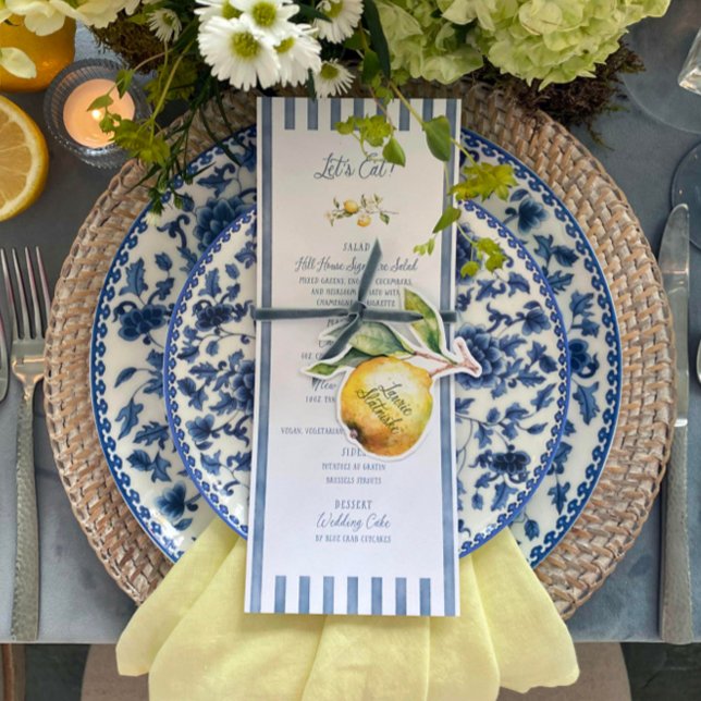La Dolce Vita Lemon Floral Wedding Flat Menu (Elevate your wedding table with this lemon-themed menu, featuring watercolor artwork.)