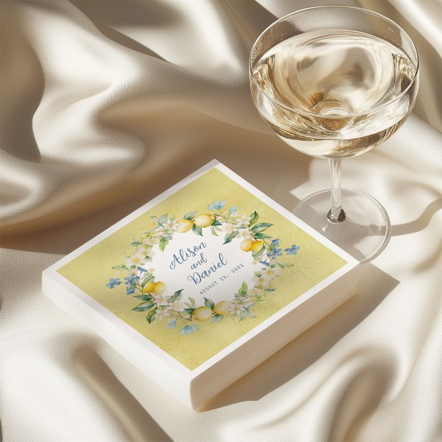 La Dolce Vita Lemon Floral Wedding Paper Napkin (Elegant yellow napkin with watercolor lemon and floral wreath, perfect for weddings and parties.)