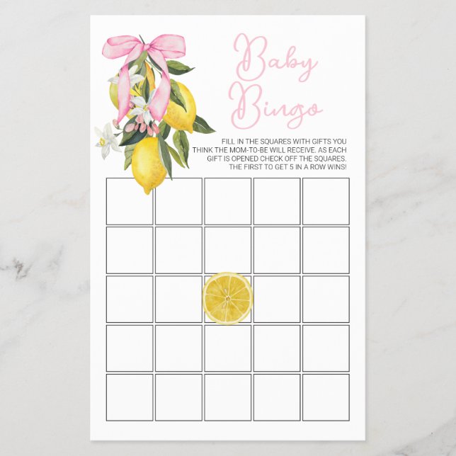 La Dolce Vita Lemon Pink Bow Baby Shower Bingo Flyer (Front)