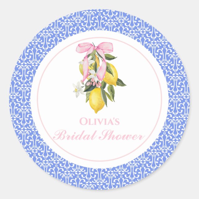 La Dolce Vita Lemon Pink Bow Bridal Shower Classic Round Sticker (Front)