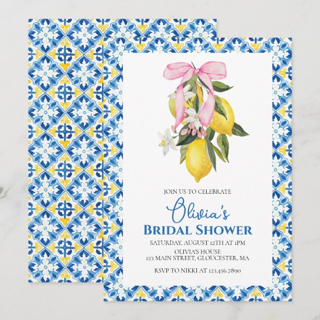 La Dolce Vita Lemon Pink Bow Bridal Shower Invitation (Front/Back)