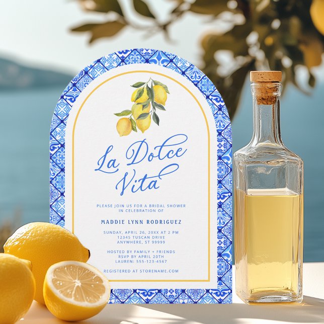 La Dolce Vita Mediterranean Bridal Shower Invitation (Shown on a 5" x 7" invitation with Arch Corner Style)