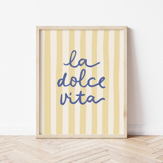 La Dolce Vita Mediterranean Italian Positano Poster (La Dolce Vita print in yellow and blue with doodle script)
