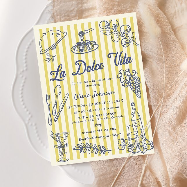 La Dolce Vita Yellow Stripes Italian Bridal Shower Invitation (Creator Uploaded)