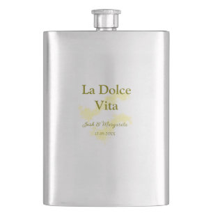 La Dolce Vita yellow wedding couple Name date glit Hip Flask