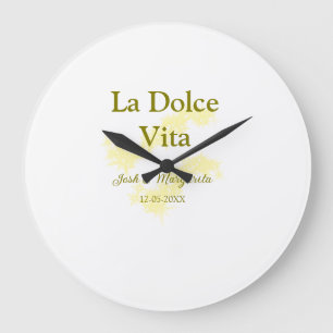 La Dolce Vita yellow wedding couple Name date glit Large Clock