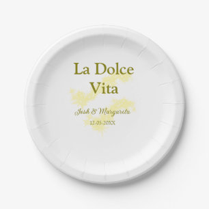 La Dolce Vita yellow wedding couple Name date glit Paper Plate