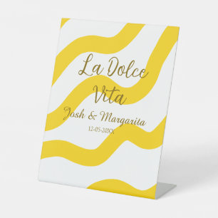 La Dolce Vita yellow wedding couple Name date glit Pedestal Sign