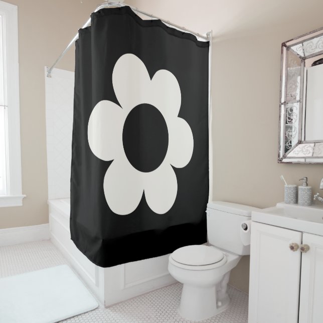 La Fleur 06 Retro Floral Black And White Flower Shower Curtain (In Situ)