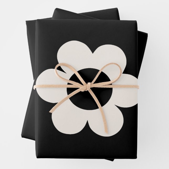 La Fleur 06 Retro Floral Black And White Flower Wrapping Paper Sheet (In situ)