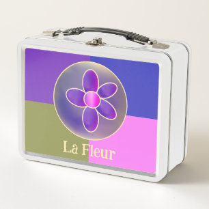 La Fleur Retro Flower Purple Hot Pink Metal Lunch Box