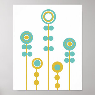 La Flowers, retro, mustard and teal Poster