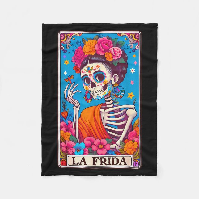 La Frida Dia De Los Muertos Day Of Dead Halloween  Fleece Blanket (Front)