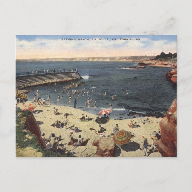 La Jolla CA, Bathing Beach 1940s Vintage Postcard (Front)