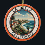 La Jolla California Coastline Travel Art Retro Ceramic Tree Decoration<br><div class="desc">La Jolla in a vector art style. La Jolla, California, is a coastal gem renowned for its pristine beaches, upscale shopping, and stunning ocean views. Nestled in San Diego County, it's a charming enclave that seamlessly combines natural beauty with upscale living, making it a sought-after destination for residents and visitors...</div>