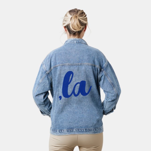 ,la  Kamala comma pronounce blue text Denim Jacket (Model)