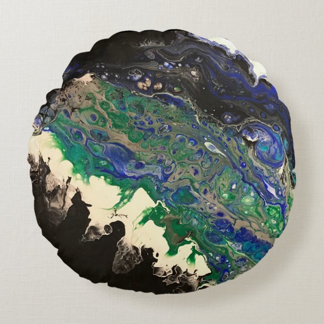 La Laguna painting black blue teal white  Round Cushion (Front)