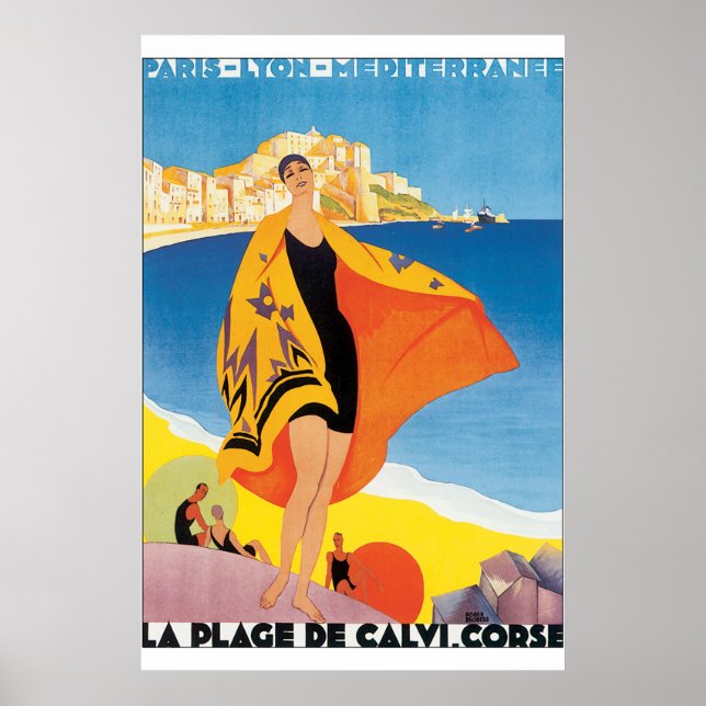La Plage de Calvi Corse Vintage Travel Poster (Front)