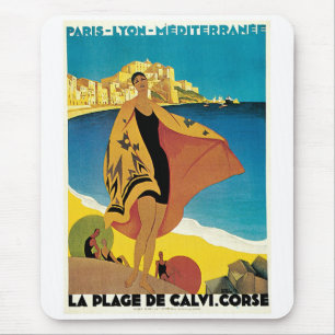 La Plage de Calvi, France vintage travel poster Mouse Mat
