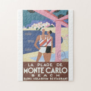 La Plage de Monte Carlo Beach Vintage Travel Poste Jigsaw Puzzle