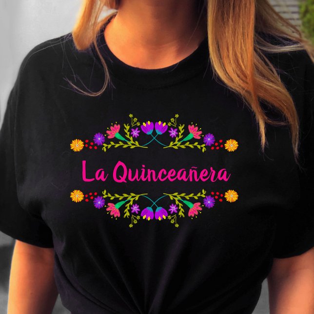 La Quinceanera Mexican Fiesta Black Birthday T-Shirt (Quinceanera tee from my Mexican Fiesta Floral collection)