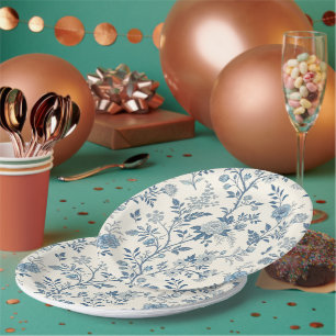 La toile de Jouy Blue Vintage Floral Pattern Paper Plate