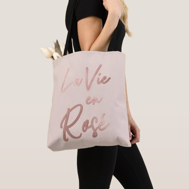 La Vie en Rose French Quote Rose Gold Pink Tote Bag (Close Up)