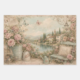 LA VIE EST BELLE VINTAGE WHIMSICAL GARDEN REVERIE WRAPPING PAPER SHEET