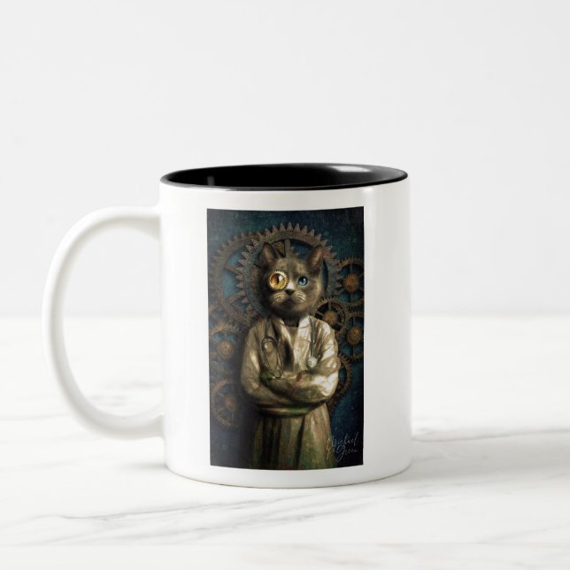 Lab Cat Steampunk T-Shirt Two-Tone Coffee Mug (Left)