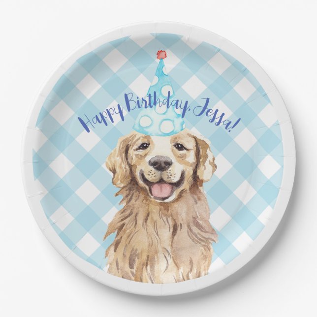 Lab Dog Birthday Party Personalised Plate Gingham (Front)