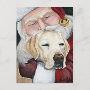 "Lab Gets Santa Hugs" Art Christmas Postcard
