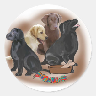 Lab puppies with toys classic round sticker