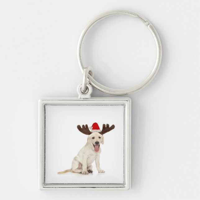 Lab Puppy Wearing Antlers Key Ring (Front)