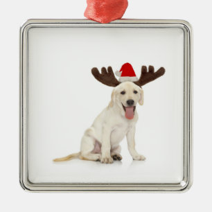 Lab Puppy Wearing Antlers Metal Tree Decoration