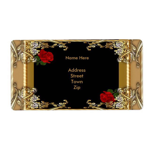 Label Address Elegant Black Gold Red Rose (Front)
